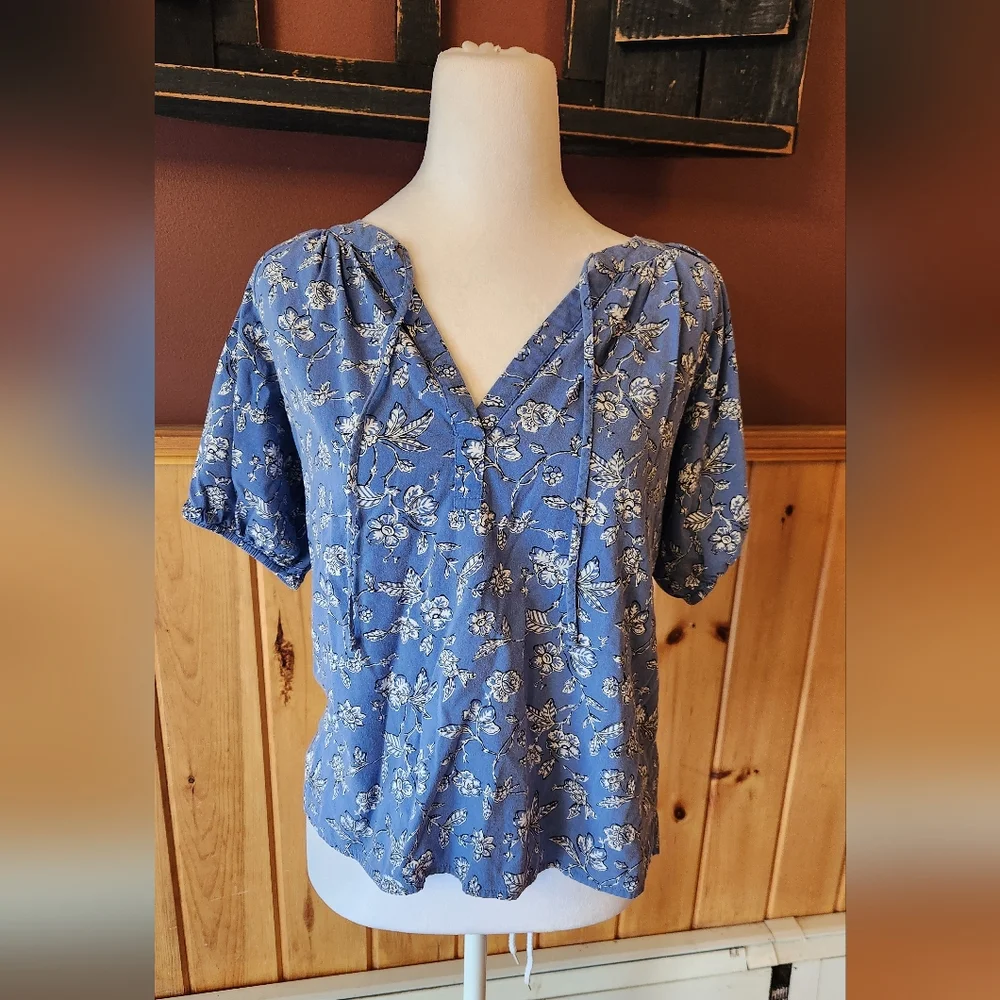 LOFT Floral Tie Neck Puff Sleeve Top Blue Floral Blouse Size XS